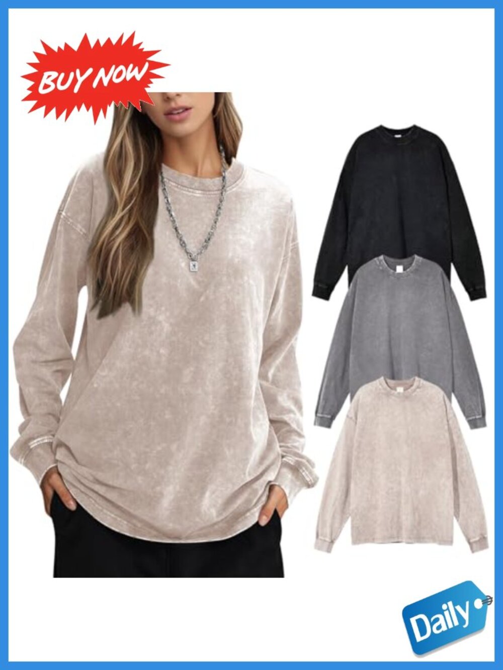 Oversized Long Sleeve Cotton T-Shirt 3 Pack Acid Wash Baggy Tee